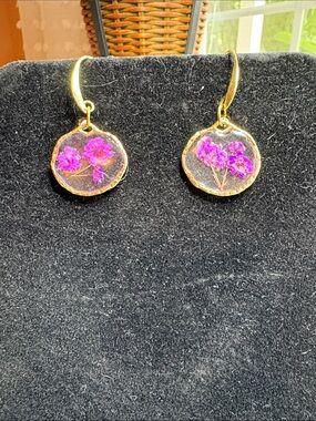 Gold Drop Earrings with Purple Pressed Flowers